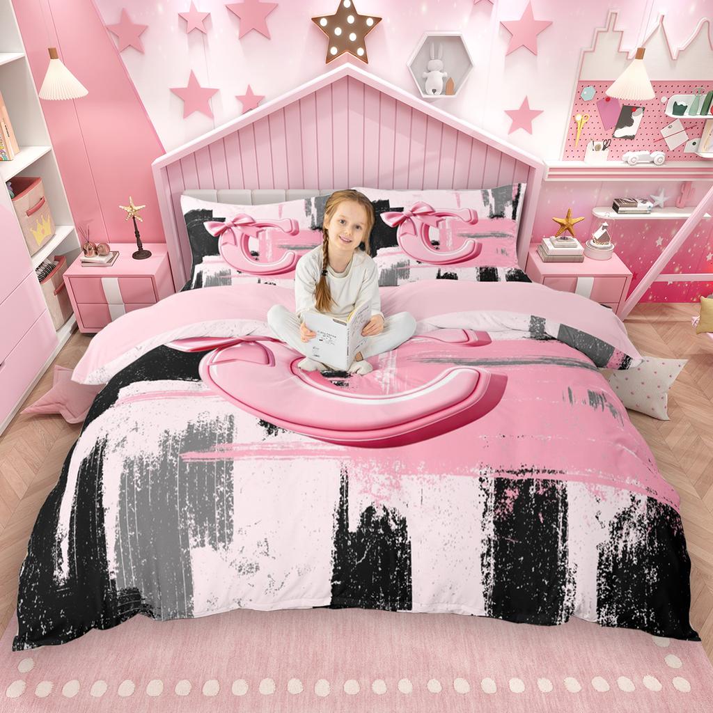Homewish Girls Bow Monogrammed Duvet Cover Set 2Pcs/3Pcs Black Pink Ombre Bedding Set Personalized Letter A To T Quilt Cover