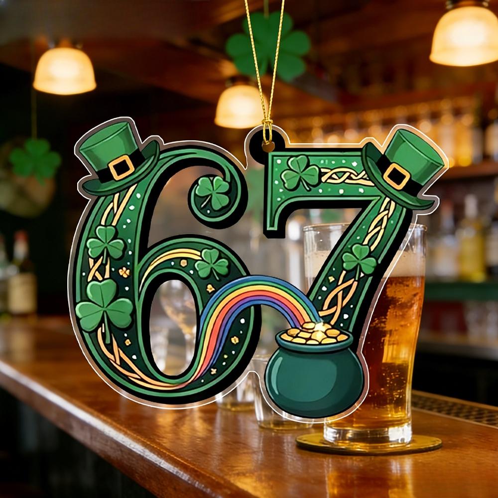  Lucky 67 Number Pendant - St. Day Acrylic Hanging Decor with Rainbow & Pot of Golden, Lucky for Irish, Spring Festival Gift Suitable For, Cafe, Bar