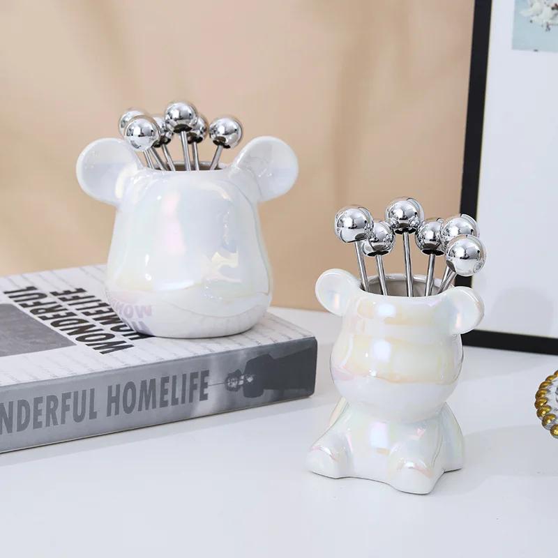 7pcs Set Fruit Forks Household Utensils Stainless Steel High-end Storage Cans Forks Fruit Tags Home Desktop Decoration Ornaments