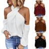 Women Solid Color Long Sleeve Sexy Halter Off Shoulder Back Zipper Blouse Top