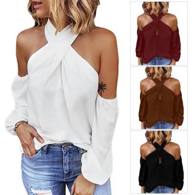 Camicetta da donna tinta unita a maniche lunghe sexy con scollo all'americana e spalle scoperte con cerniera posteriore