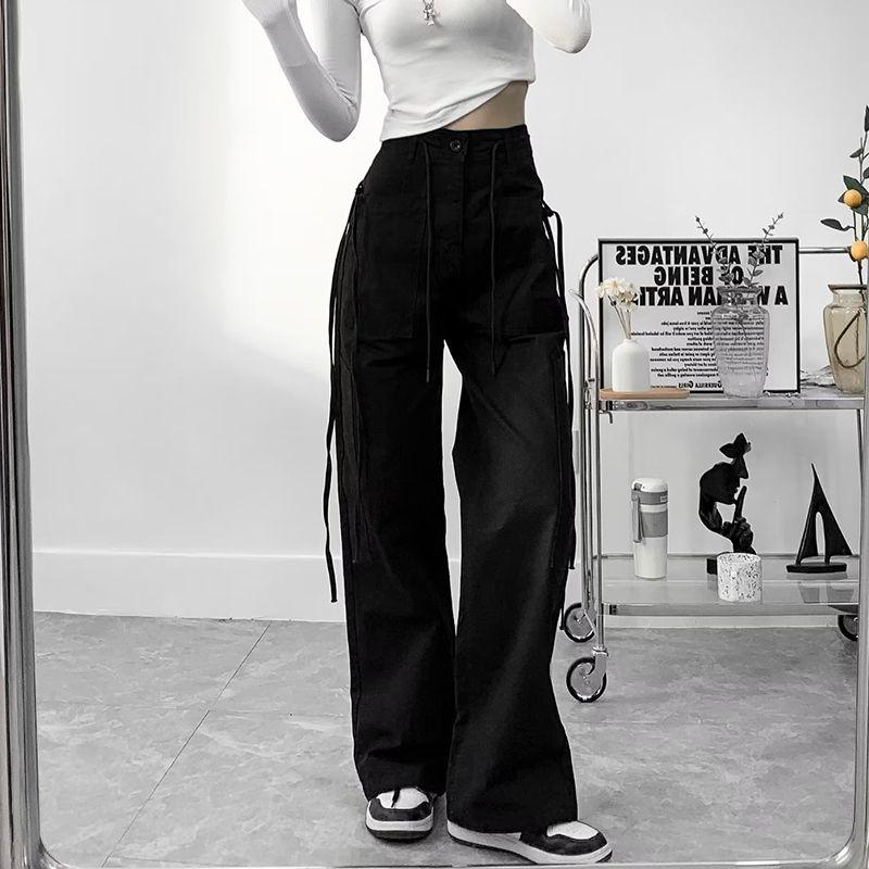 American Retro Multi-Pocket Ribbon Straight-leg Workwear Pants Women's Summer Stylish Loose High Waist Casual Pants Niche Style