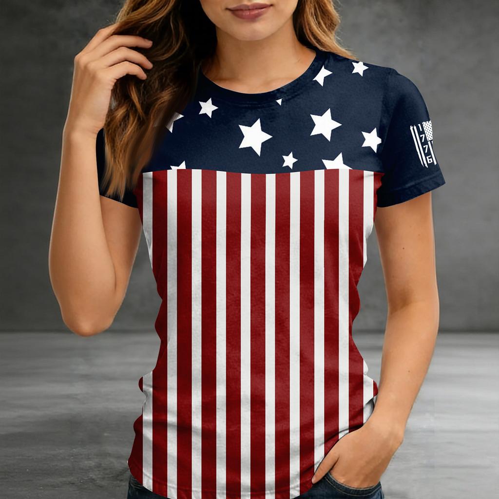 Women's Short-sleeved Top, Casual Slim Fit Women's Round Neck Short-sleeved Printed Shirt