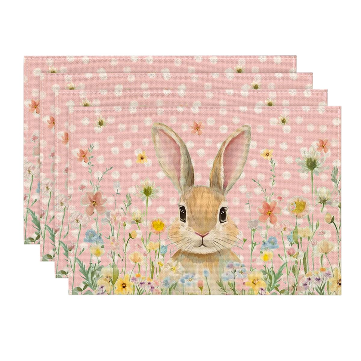 

Yellow Bunny Polka Dot Easter Placemats Set of 4, 12x18 Inch Flower Seasonal Spring Holiday Table Mats for Party Kitchen Dining Decoration 12 x 18 , Rectangular 4 Pcs