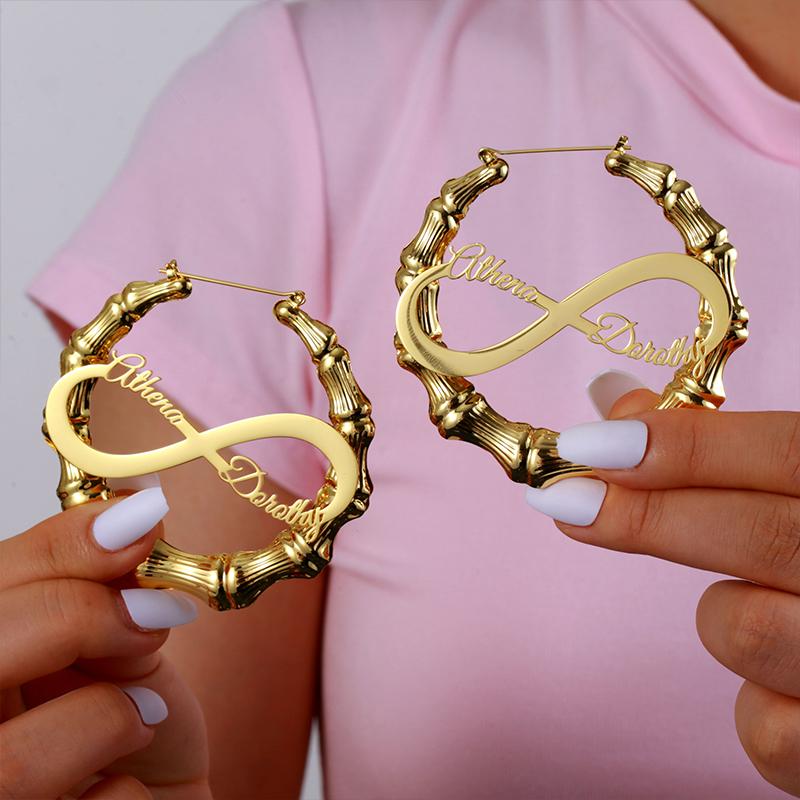 Fashion Bamboo Hoop Earring Custom Stainless Steel Personalized Name Large Stud Earrings Gold Plated Women Statement Earrings