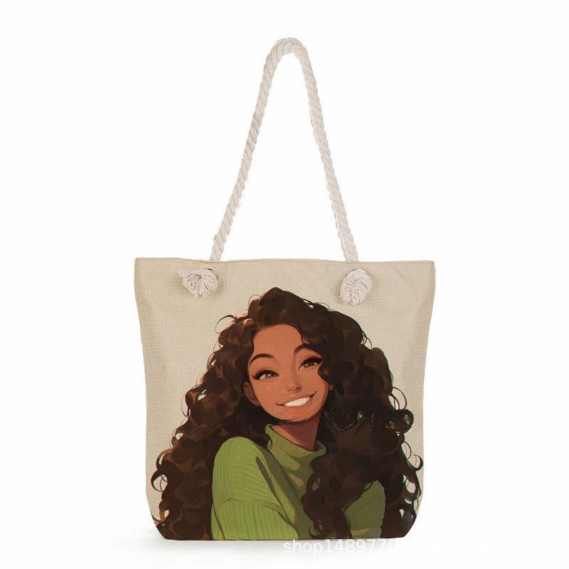 Multifunctional Black girl  Printed Thick Rope Shoulder Beach Bag 7577