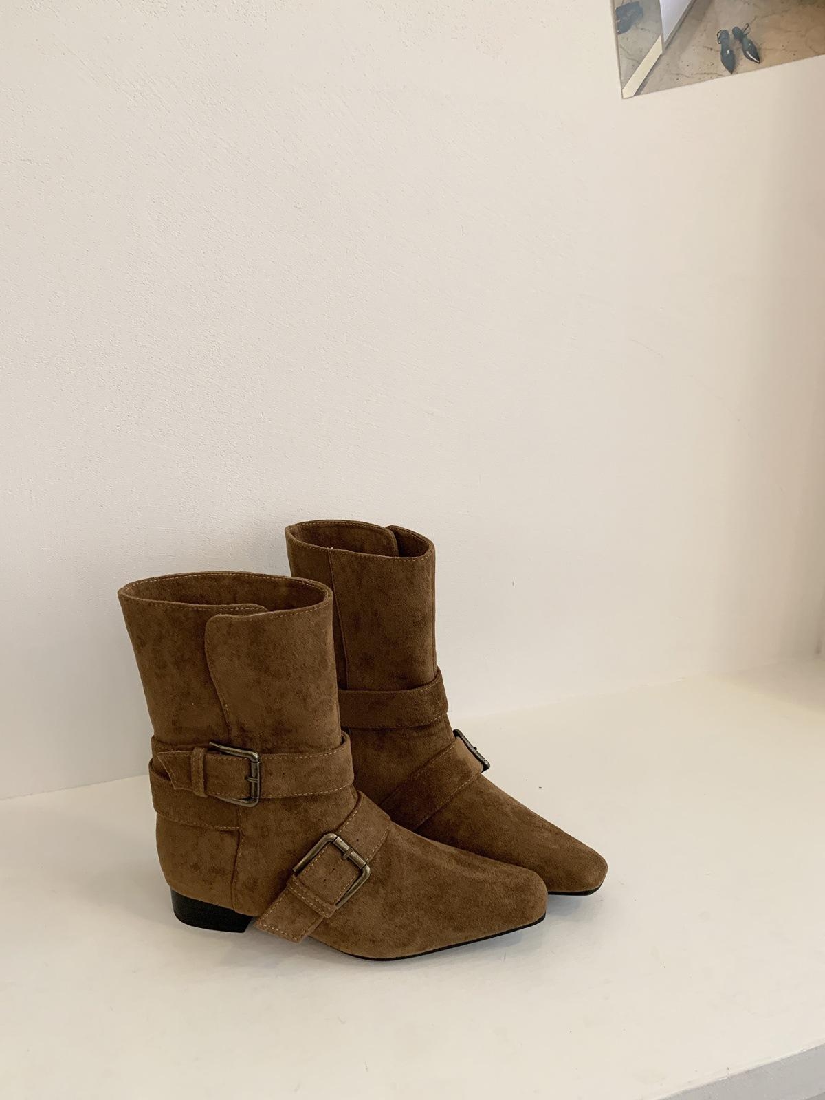 

Французские ретро нишевые дизайнерские ботильоны с квадратным носком и толстым каблуком женские 2025 новые ковбойские ботинки ботильоны до середины икры женские ботинки 40 коричневый