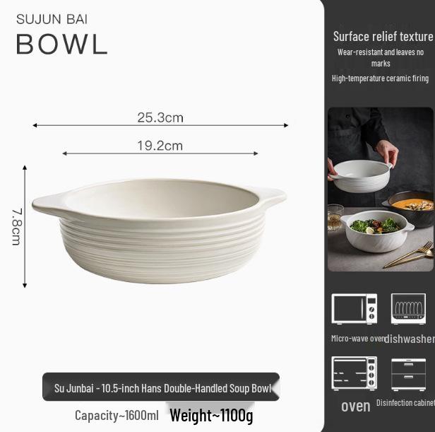 White Double-Ear Ceramic Soup Bowl, Large Noodle/Fish Basin, Anti-Scald, High-End Feel for Home Use