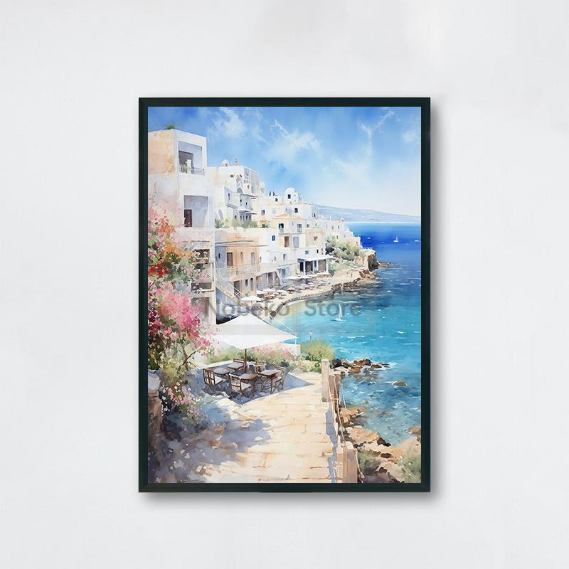 Watercolor Style Mediterranean Coast Sea Poster Seaside Landscape Prints Canvas Painting Wall Art Pictures Home Room Beach Decor