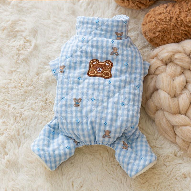 Warm Winter Cat Jumpsuit With Bear Print Checkered Fleece-Lined Cotton Blend Small To Large Cats