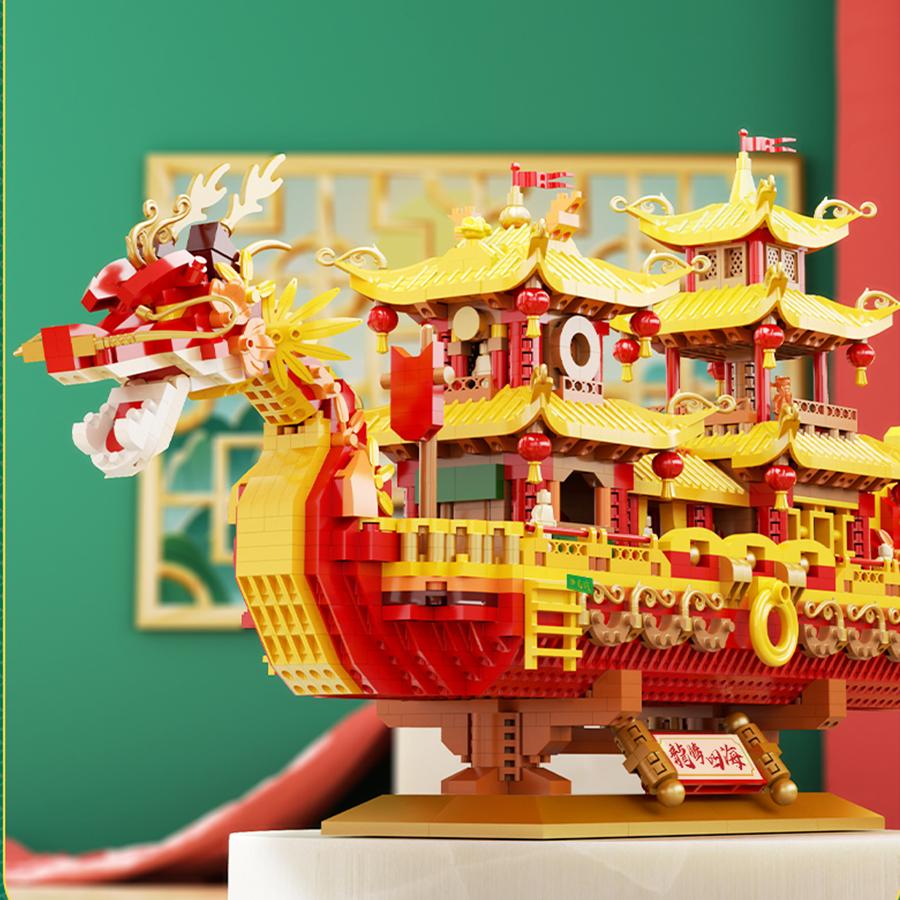 Chinesisches Neujahrsdeko Drachenboot Bausteinspielzeug Plastik Zusammengebaute Modelle Segelboot Glücksbringer Geschenkset