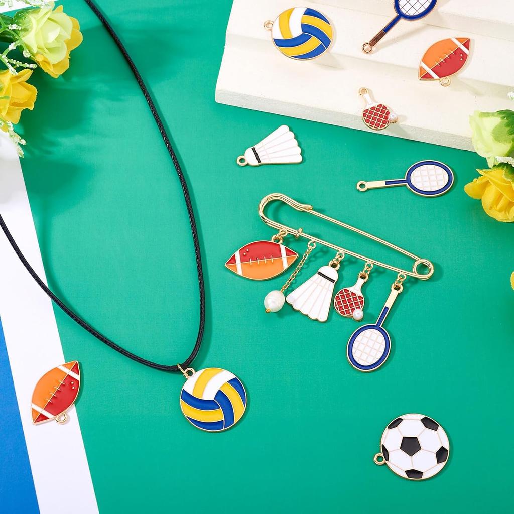 Sports Theme Enamel Charms Colorful Baseball Rugby Baseball Football Basketball Tennis Pendants Sport Balls Metal Dangle Charms for DIY Crafts