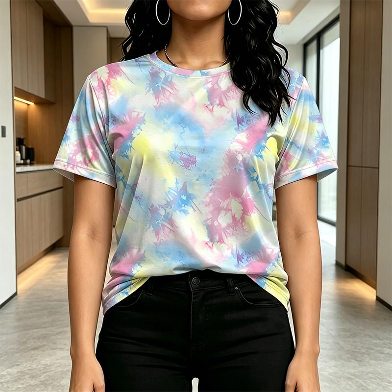 Women's Tie-Dye Basic Short Sleeve Top - Skin-friendly Casual Daily Wear, Versatile for Coffee Dates & Everyday Outings