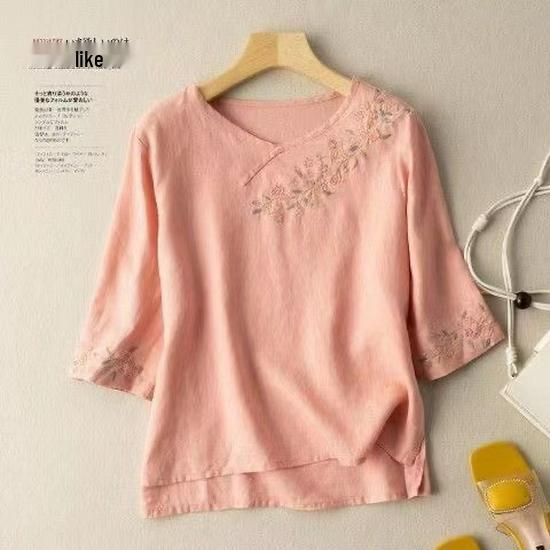 Women's Cotton Linen Embroidered Retro Shirt, Seven-Sleeve with Frog Button, Loose Plus Size Summer Top