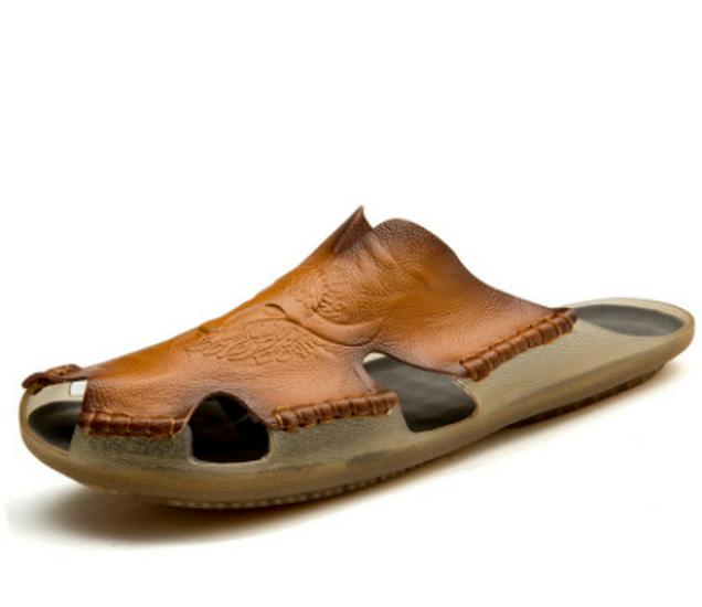 Plus Size Men's Breathable Leather Closed-Toe Sandals - Lightweight One-Strap Casual Beach Shoes