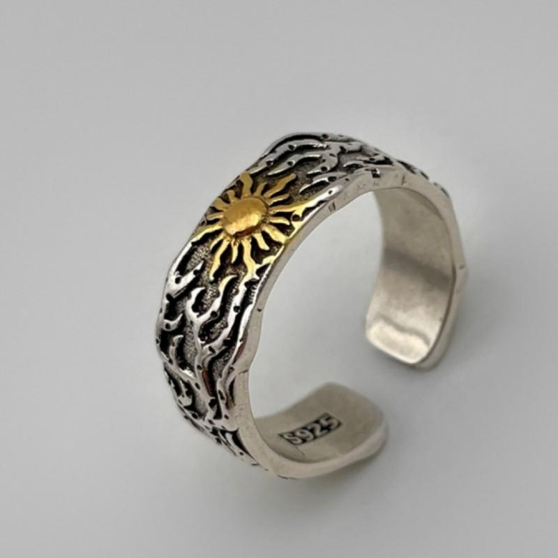 Unisex Adjustable Sun Motif Ring In Plated Geometric Design Retro Vintage Style Statement Jewelry