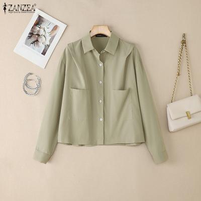 Women Turn Down Collar Solid Color Casual Long Sleeve Blouse