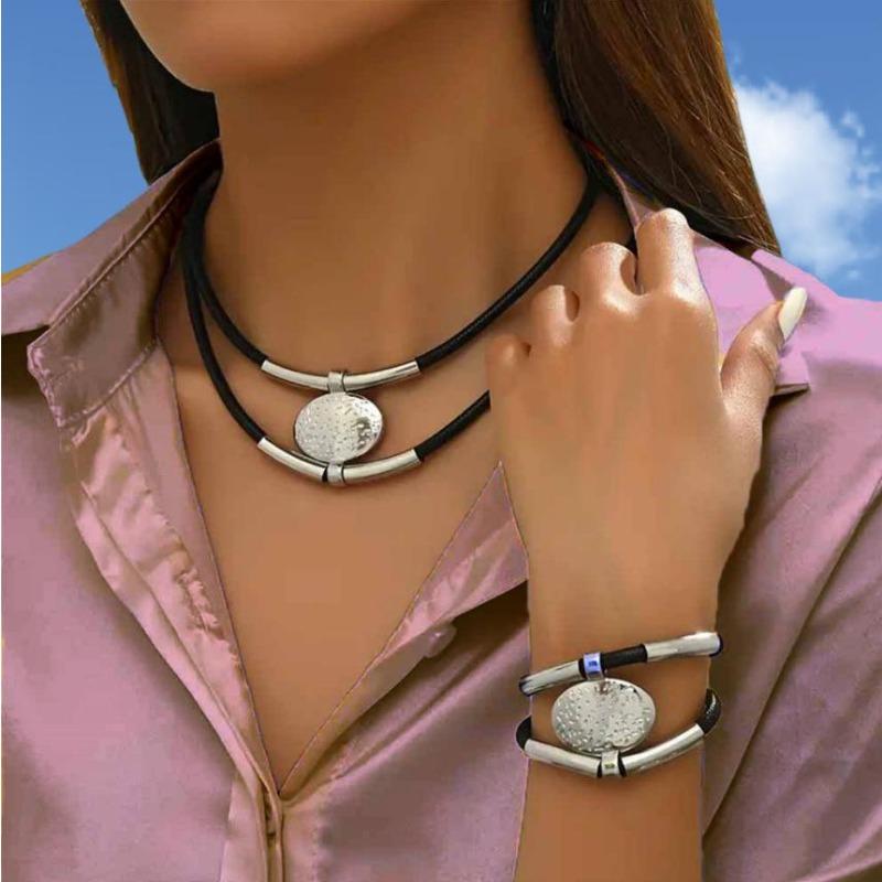 

Jewelry ins cylindrical leather wax thread bracelet necklace set jewelry women hip hop multi-layer collarbone chain