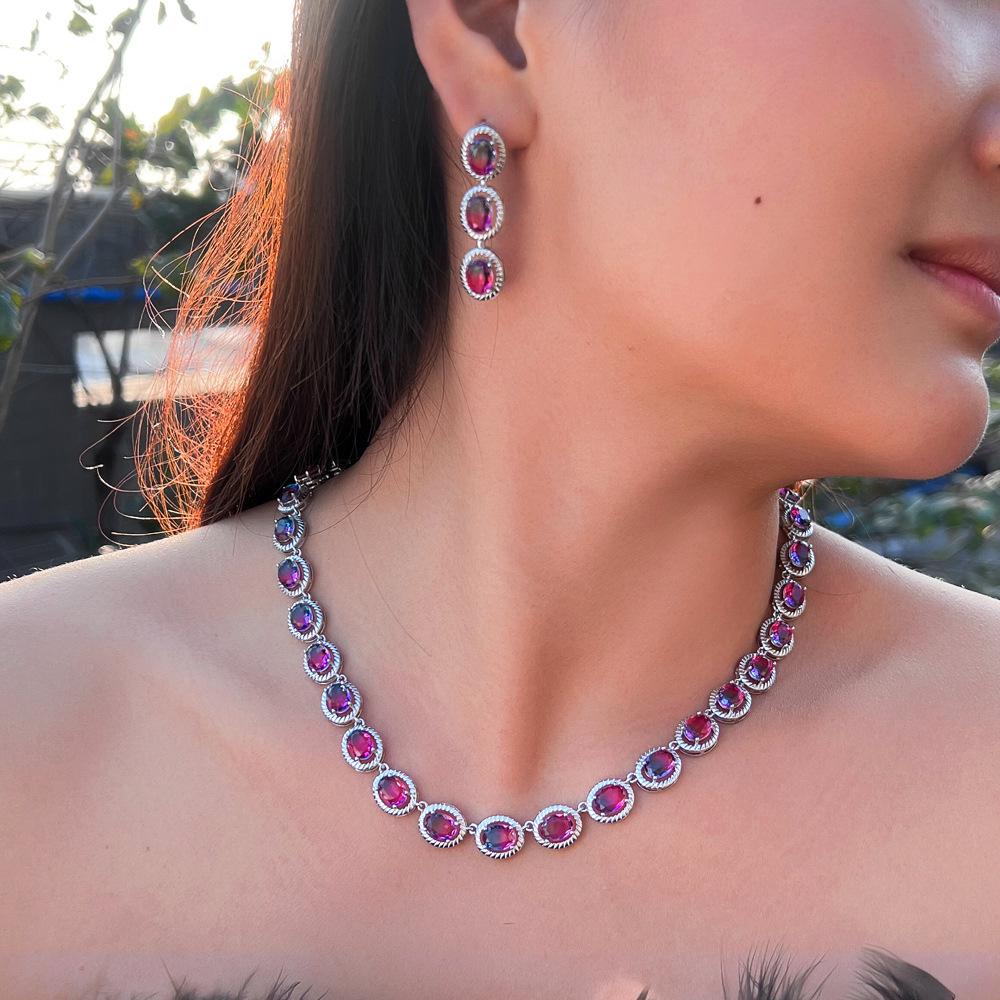 Jewelry Watermelon Tourmaline Wedding Dress Temperament Set Chain Gradual Change Color Stone Earrings Necklace Two Sets