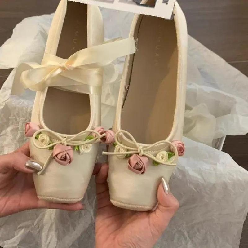 Women's Flats Elegant Flower Designer Womens Shoes Sweet Lolita Flats Lace Up Ballet Flats Square Toe Shallow Mouth Single Shoes