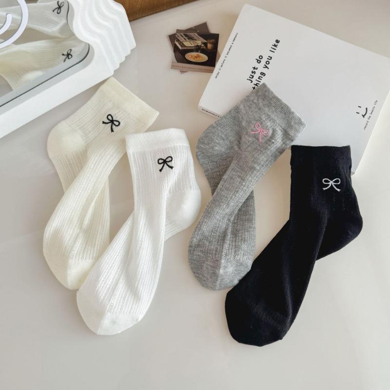 Female Summer Thin Embroidered Bow Mesh Breathable Tube Socks