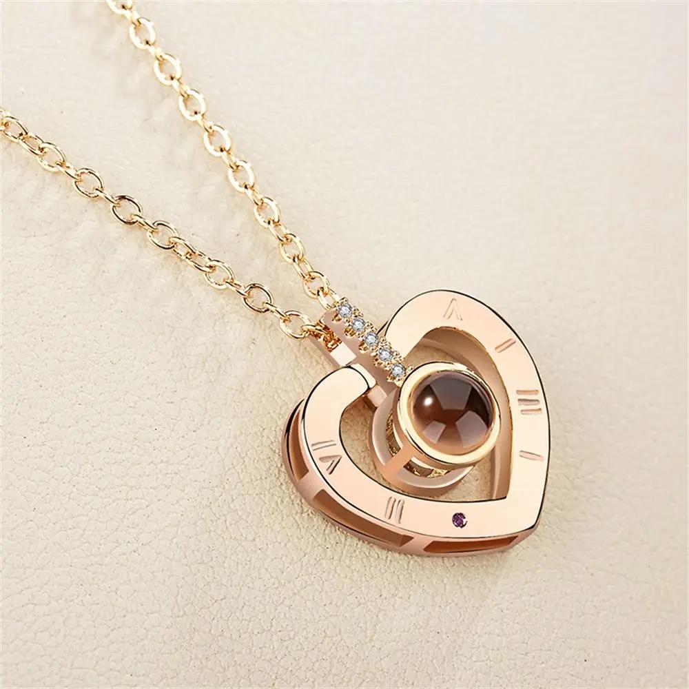 1PC Fashion Love Heart Letter Crystal Necklace 100 Languages I Love You Projection Pendant Necklace Women Jewelry Friends Gifts