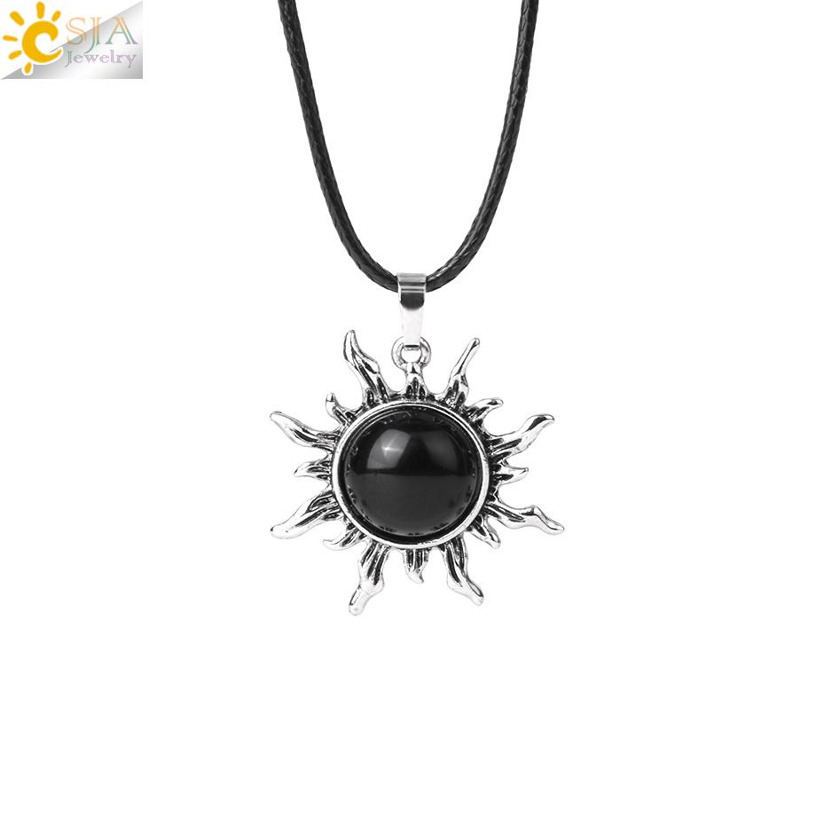 CSJA Vintage Sun Flower Pendant Natural Stone Crystal Necklace Genuine Round Amethysts Pink Quartz Obsidian Lapis Lazuli H120