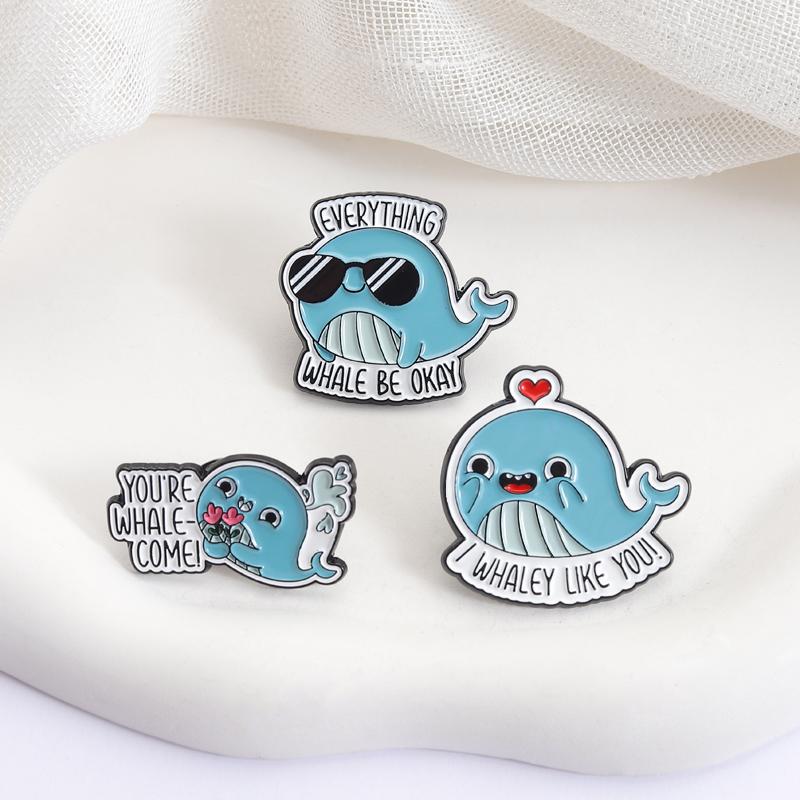 Cute Whale Puns Enamel Pins Everything Whale Be Okay I Whaley Like You Brooches Lapel Badges Animal Jewelry Gift for Kid Friends