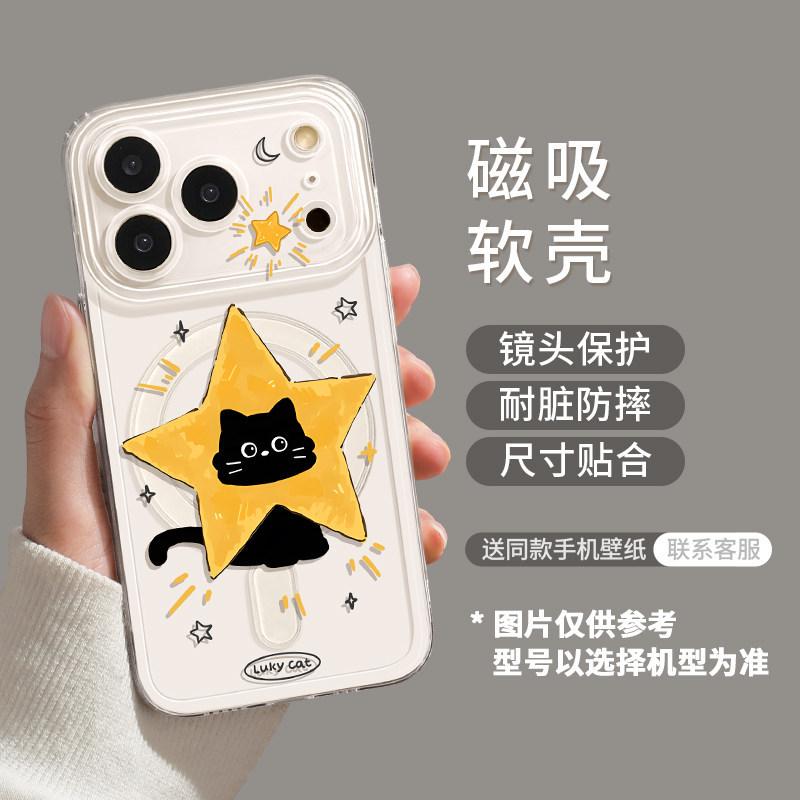 Black Cat Magnetic Suction Model Is Suitable for Apple 17 with Bracket iPhone16promax Transparent 14 Soft 15 Cute Mobile Phone Case