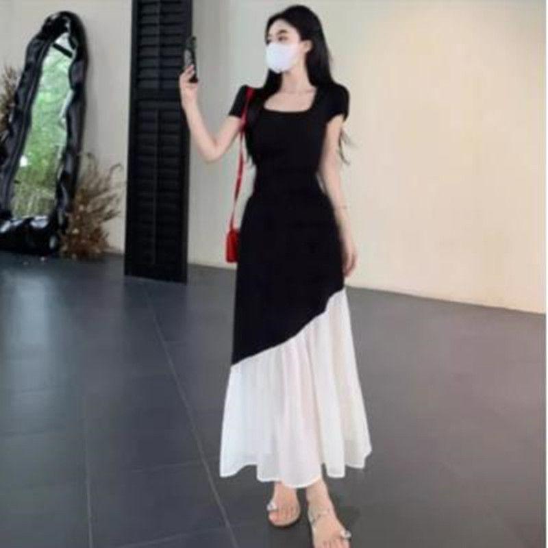 Plus Size Hepburn Style Patchwork Summer Dress - Slimming Waist, Short Sleeves, Color Block Design. 2XL (131-140 Jin)