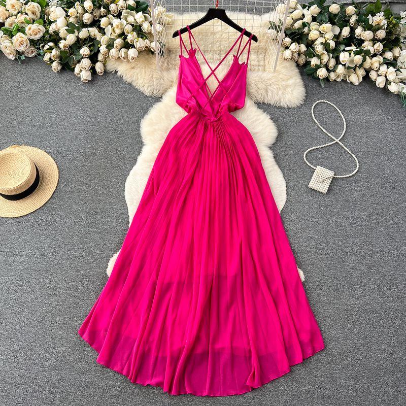 Sexy Affordable Luxury Style Dress Women's Summer Fancy Pleated Deep V-neck Open Back Design Waist-Controlled Large Hem Suspender Dress