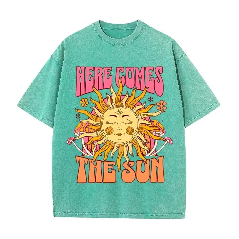 Vintage Black "Here Comes The Sun" T Shirt Retro Psychedelic Sun Acid Wash Tee