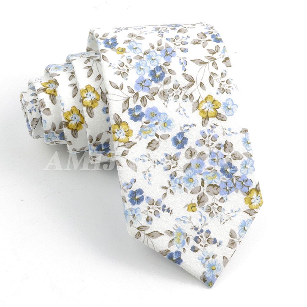 New Cotton Floral Tie For Men Women Soft Gentle Elegant Flower Necktie White Blue Yellow Narrow Skinny Wedding Party Accessories