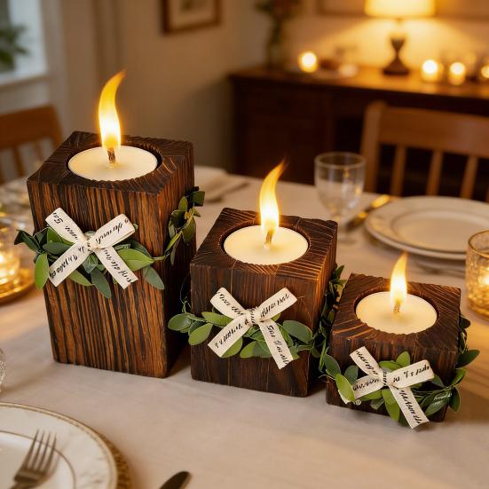 Wooden Tealight Candle Holder Rustic Wood Pillar Candle Stand with Bow Vintage Table Centerpiece for Fireplace Living Dining Room