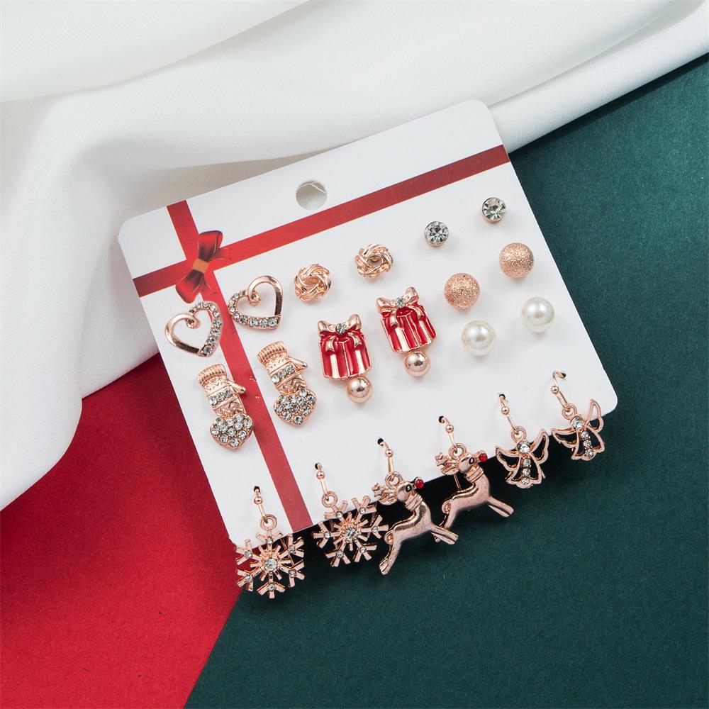 Christmas Earring Set: Santa Claus, Bell, and Tree Drop Oil Studs - 12-Piece Gift Collection