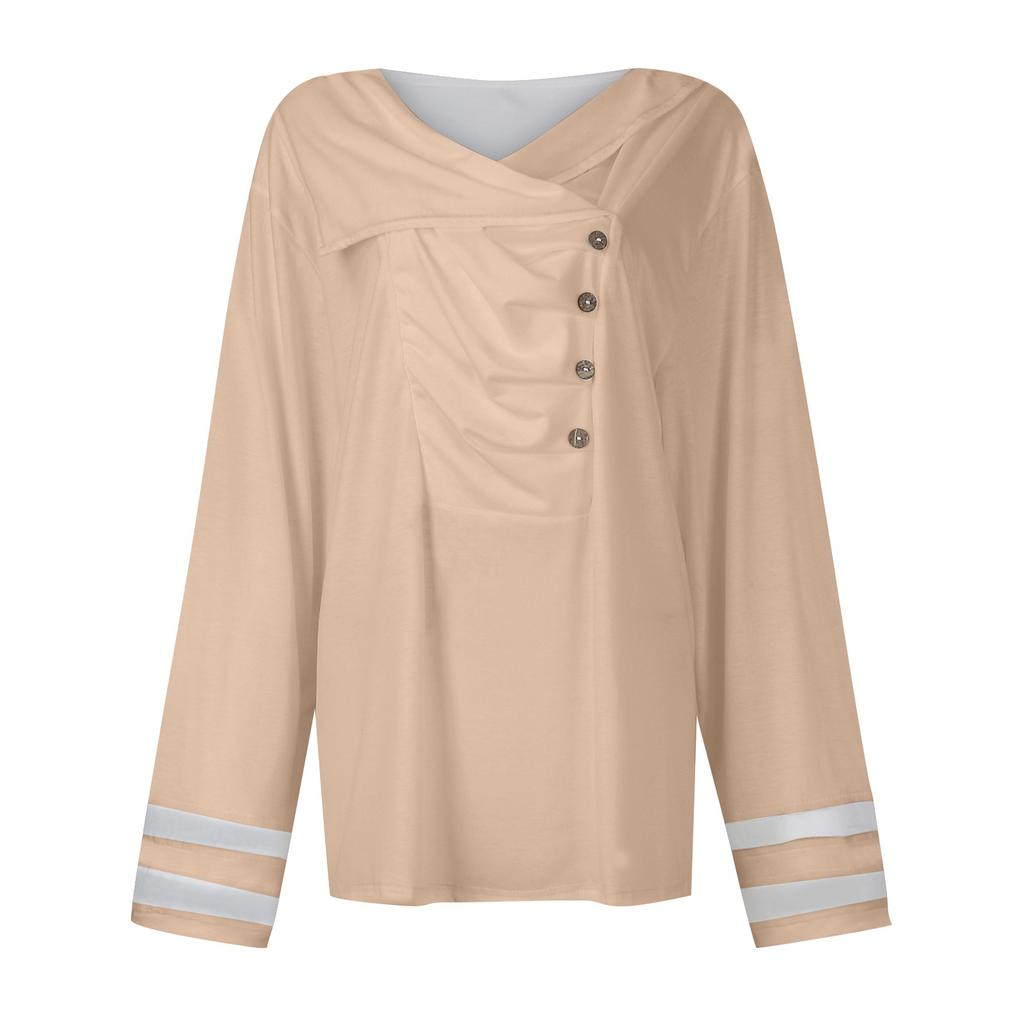 Women's Blouses Fashion Casual Long Sleeved Solid Color Pleated V-Neck Button Top