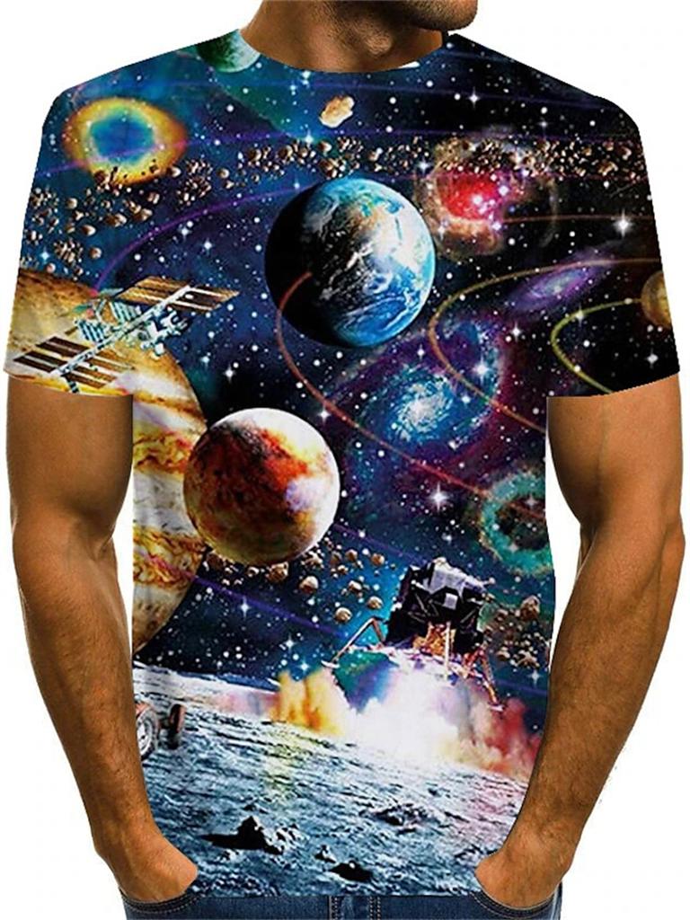 Summer Round Neck 3D Psychedelic Space & Art Print Top Fashionable Casual Short Sleeved Men's T-shirts