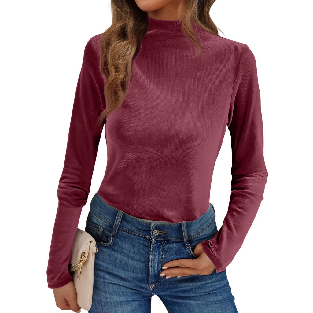 Women's Stylish Casual ,Color Half,High,Neck Velvet Long,Sleeve Base Layer Top