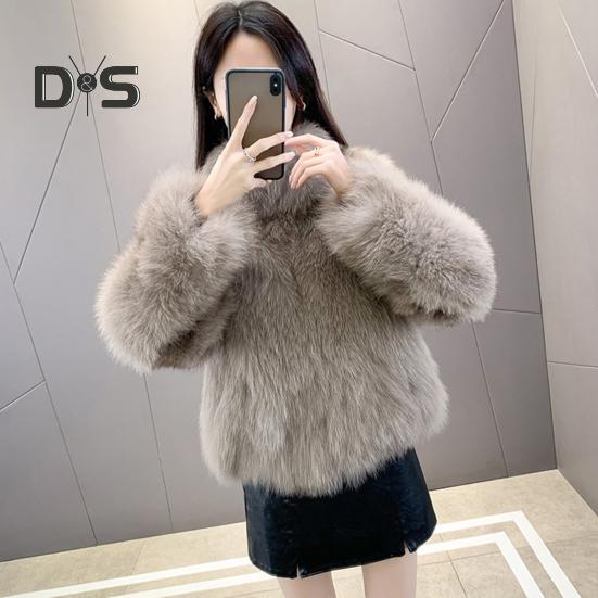 Auutmn Winter Lady Cardigan Coat Furry Plush Stand Collar Heat Retention Long Sleeves Thickened Short Type Solid Color Faux Fur Jacket