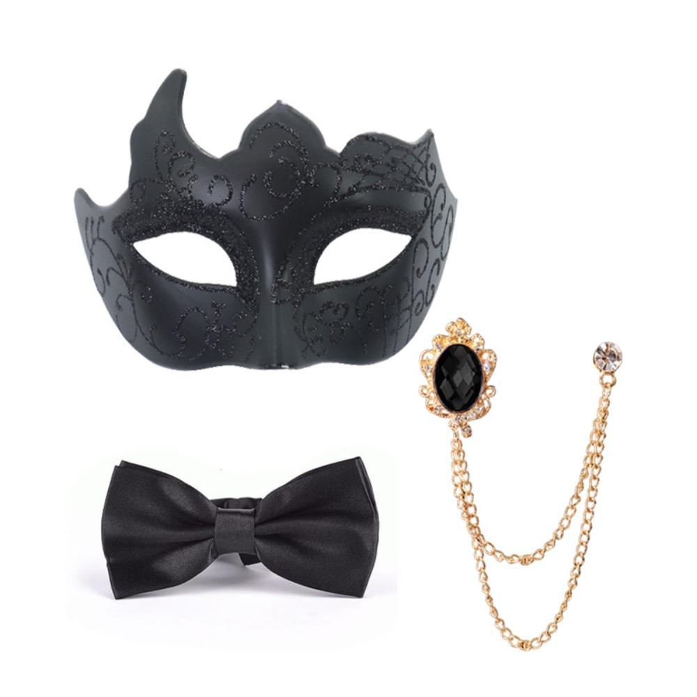 

3 piece set Half Face Dance Mask Brooch Set Gentleman Painted Masquerade Prom Mask Party Cosplay Glossy Mask Bow Tie Set чёрный