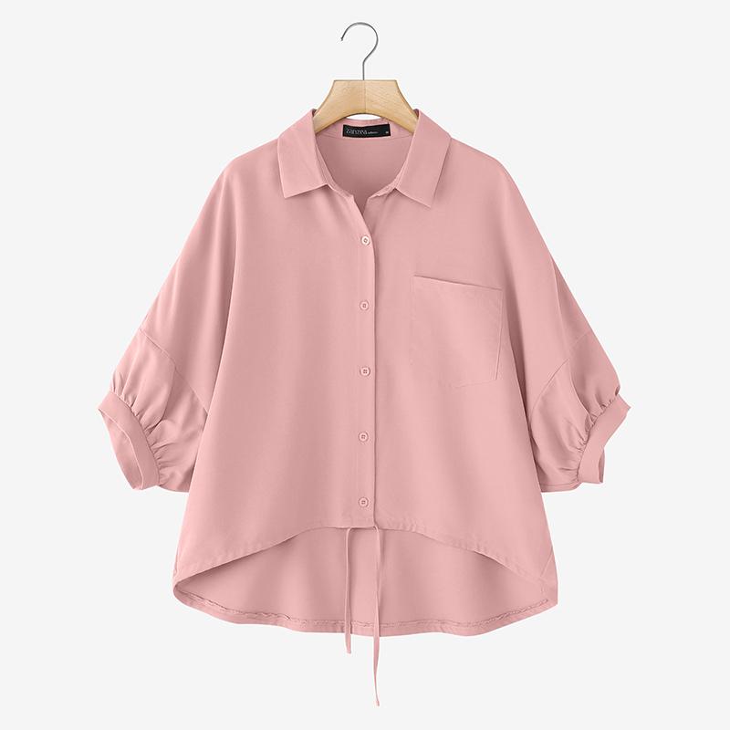 ZANZEA Women Summer Turn Down Collar Loose Asymmetrical Half Sleeve Blouse