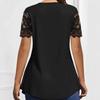 Women's Casual Shirt, Black Lace Stitching, Decorative Buttons, Folding Waist Top, Short-sleeved Solid Color T-shirt