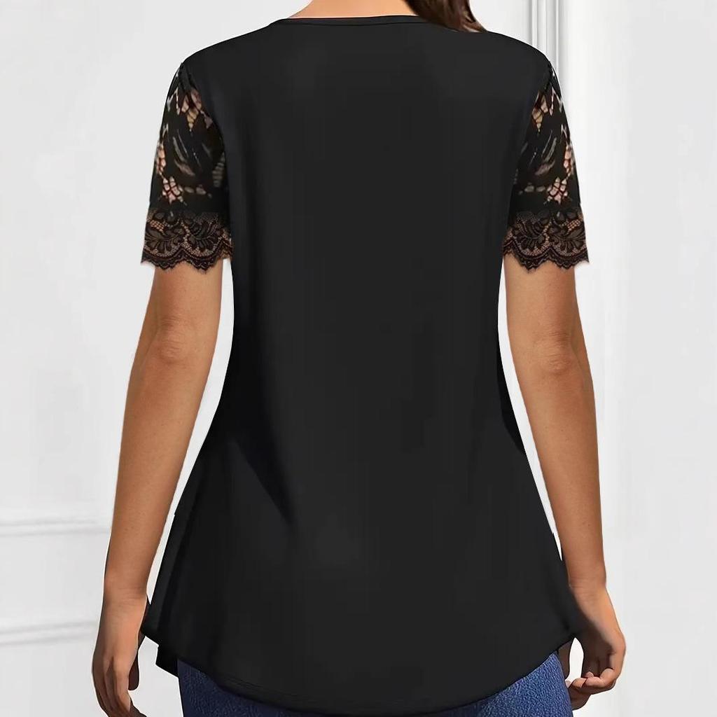 Women's Casual Shirt, Black Lace Stitching, Decorative Buttons, Folding Waist Top, Short-sleeved Solid Color T-shirt