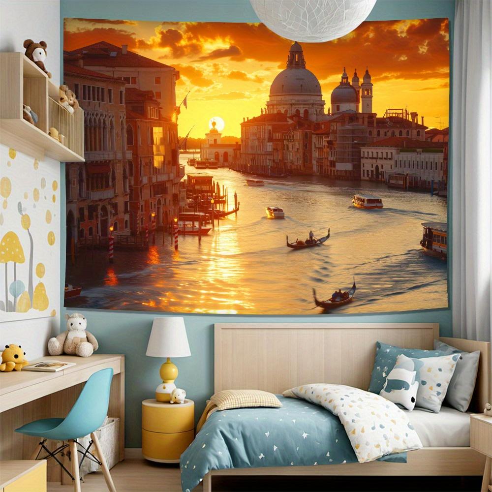 Golden Venice Landscape Tapestry, Canal Gondola Sunset European Architecture Wall Cloth, Soft Backdrop For Bedroom Home Space