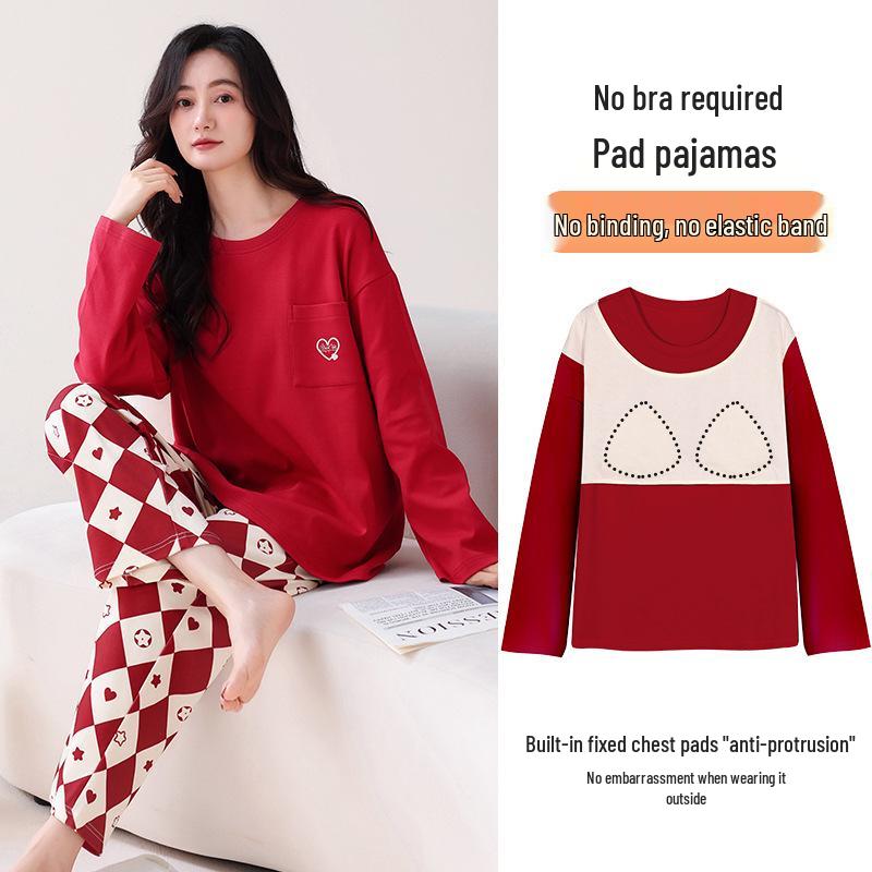 Women's Double-Sided Cotton Pajama Set with Chest Pads - Round Neck, Long Sleeve, Long Pants Pullover Style