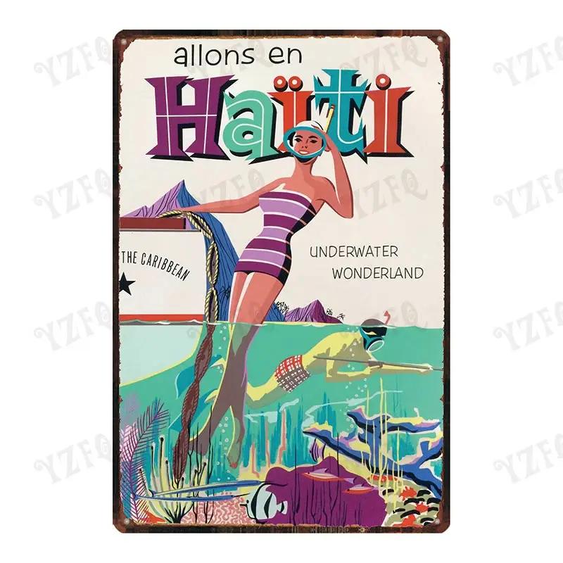 Vintage Hawaii City Painting with Hula Dancers  Metal Travel Tin Sign for Wall Decor In Pubs Cafes and Homes  Beach Metal Pla
