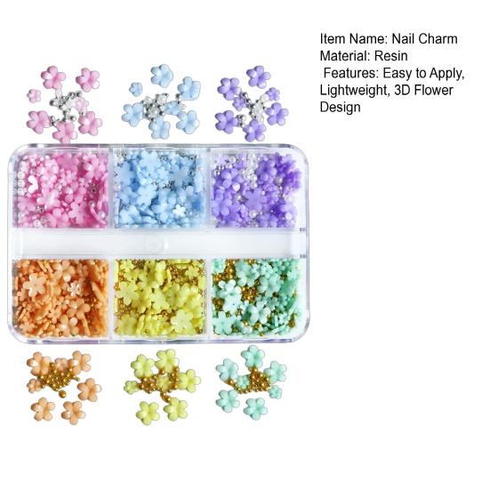 1 Box 3D Flower Nail Art Charm 6 Grids Resin Floral Charms Golden Beads DIY Nail Design Jewelry Crafts Manicure Decoration Accessories