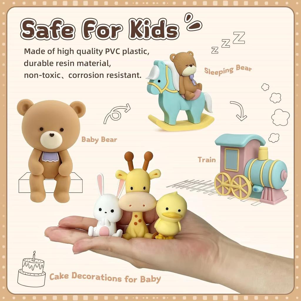 15Pcs bear Cute Mini Animal Figure for Cake Decorations Bear Figurines with Train DIY for Baby Shower Birthday Party Supplies