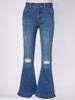 Kids Girls Casual Stripe Side Long Pants Elastic Waistband Ripped Bell-bottom Hem Denim Pants