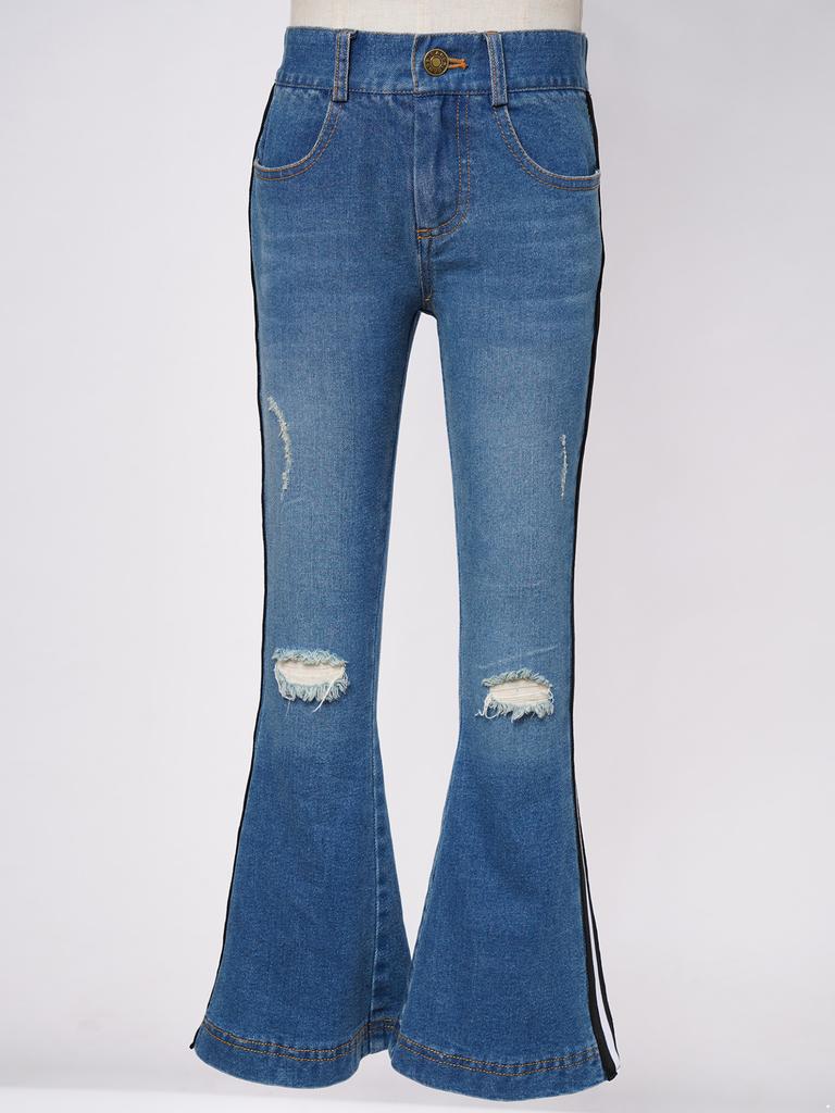 Kids Girls Casual Stripe Side Long Pants Elastic Waistband Ripped Bell-bottom Hem Denim Pants